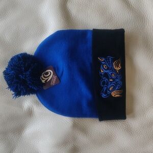 'Wolf' Indigenous design by Joe Wilson, Coast Salish Pom Pom Toque